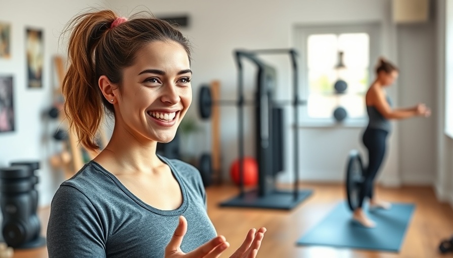 Young woman sharing workout tips in home gym, workout break advice.