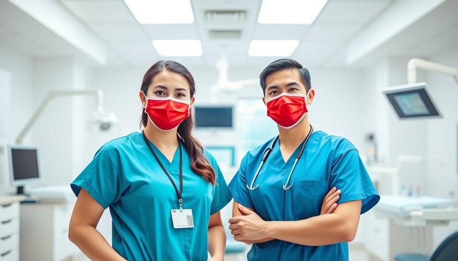 Dental professionals in scrubs and masks at a clinic, dental care.