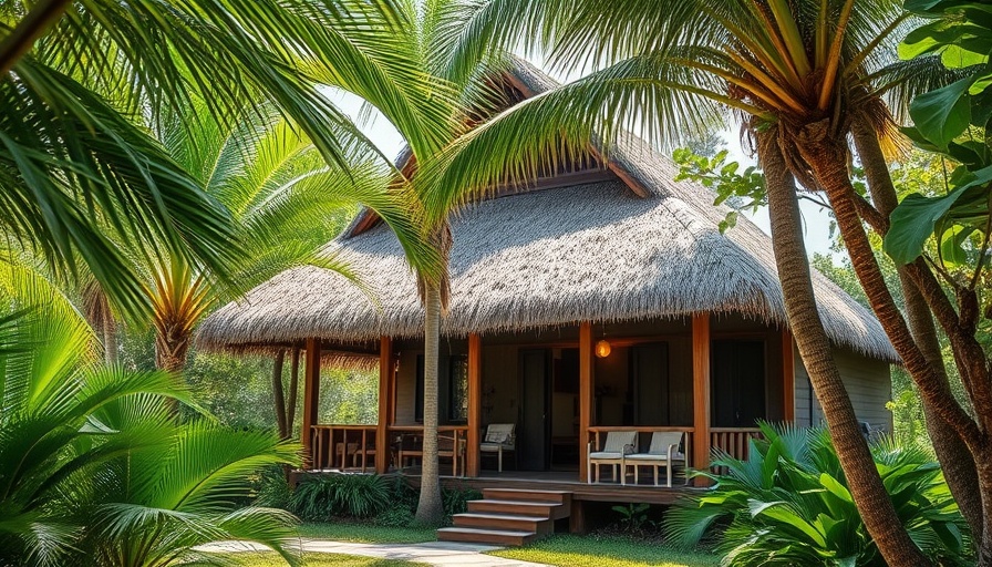 Holistic wellness retreat bungalow amidst lush tropical foliage.