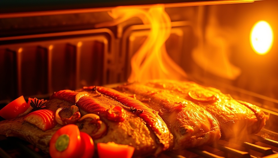 Juicy roasted meat with vibrant vegetables in oven, related to Eating Meat and Cancer-Related Death Risk.