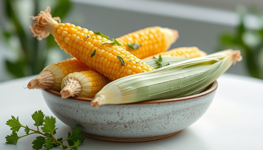 Healthy eating with corn: Fresh corn cobs with herbs in a bowl.