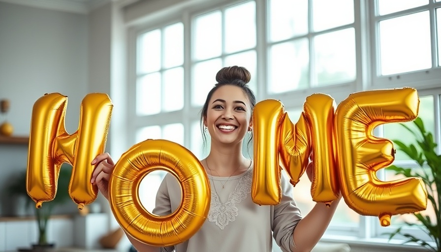 Celebratory woman with 'HOME' balloons indoors.