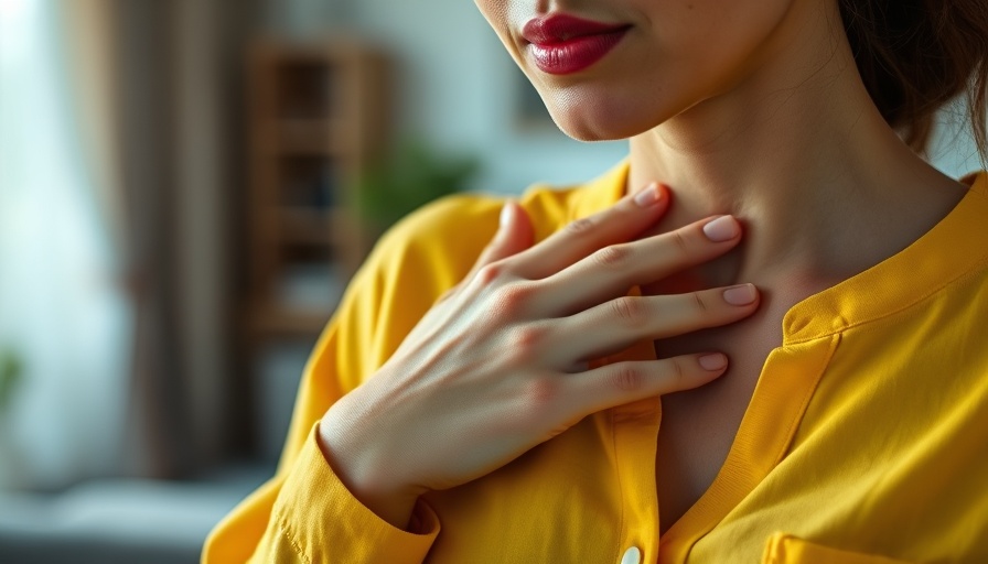 Woman in yellow shirt touching throat, suggesting iodine deficiency symptoms.