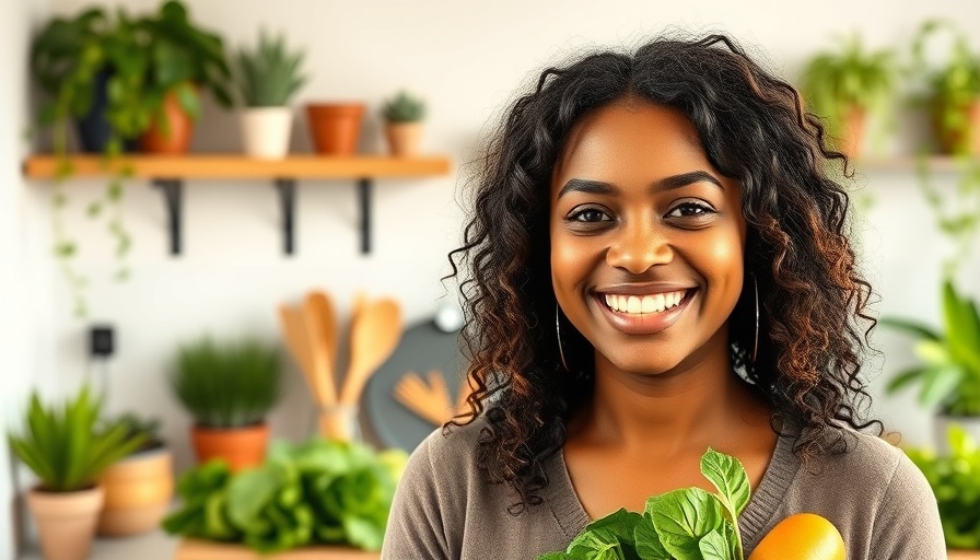 Woman promoting healthy eating in a kitchen to reduce sugar cravings.