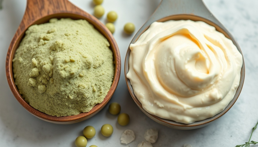 Whey Protein vs. Pea Protein: close-up comparison of powders in scoops.