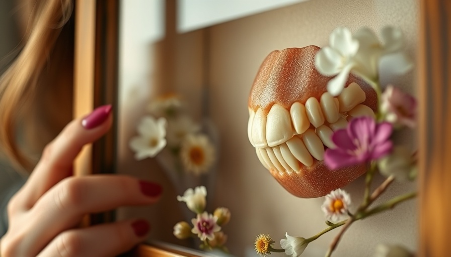 Baby teeth art display with flowers in a shadowbox, woman observing.