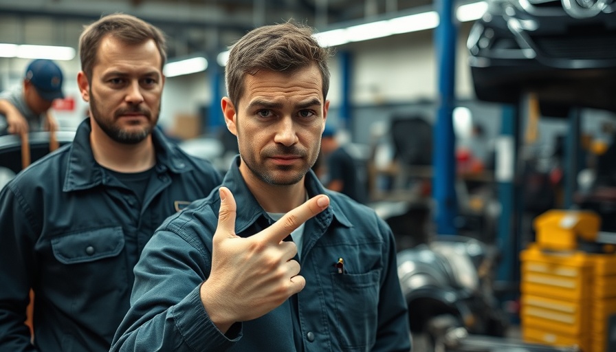 Mechanic shows injury at work; concerned expression.