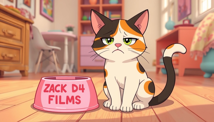 Sad cartoon calico cat next to a pink bowl indoors.