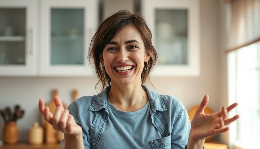 Smiling woman discussing dental health in a kitchen setting.