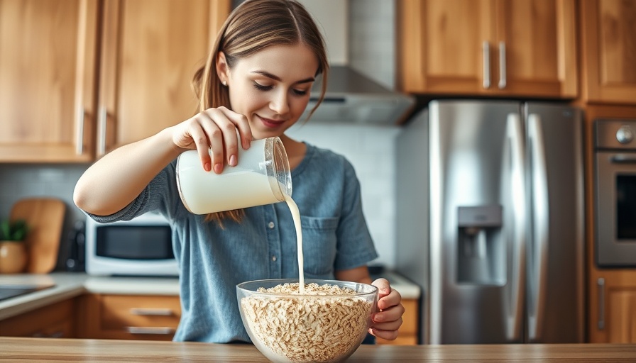 Young woman preparing healthy breakfast with milk and oats in a kitchen.