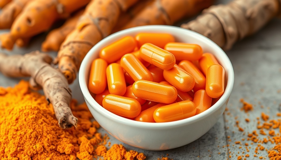 Turmeric capsules and fresh roots on a green surface