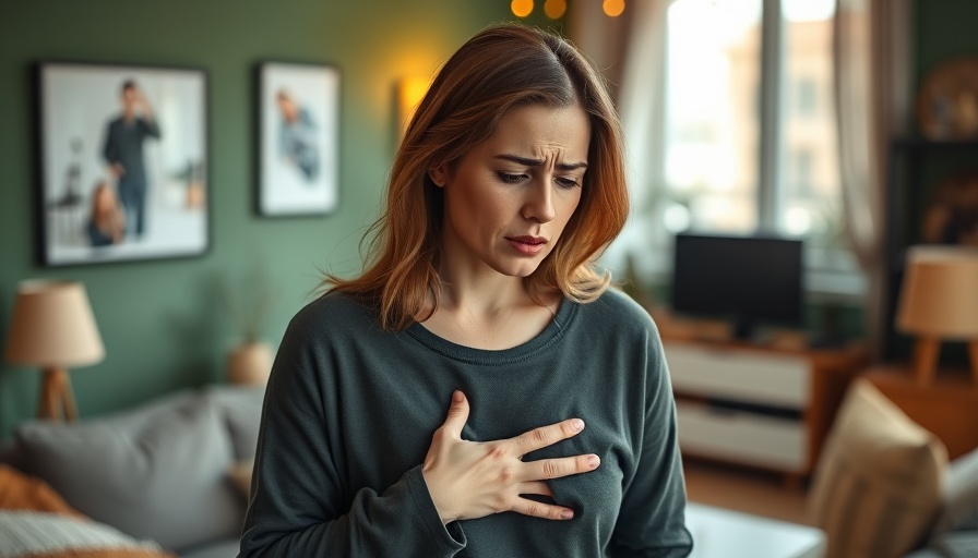 Woman showing signs of atrial fibrillation, seated in a modern living room.