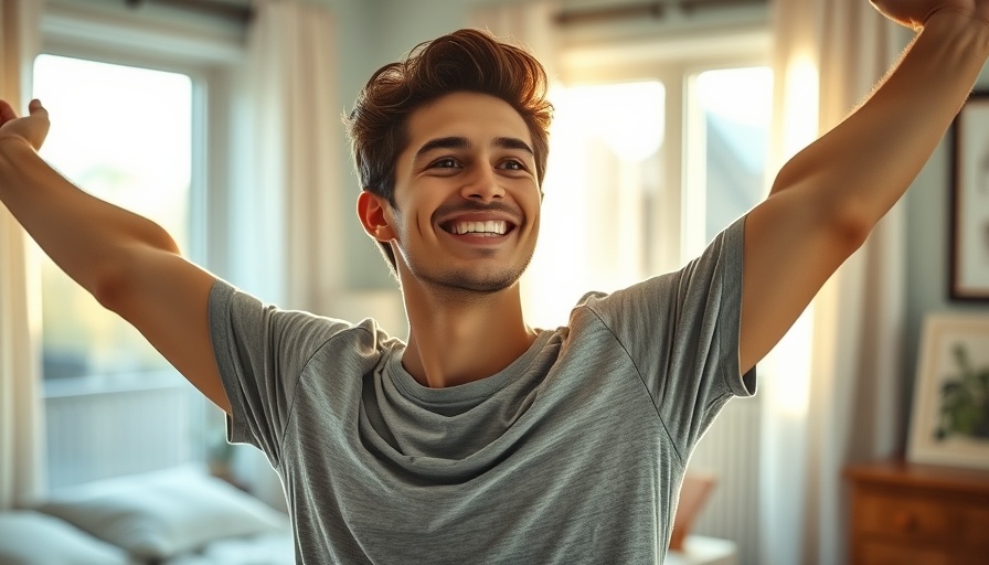 Business coaching for entrepreneur burnout: young man smiling and stretching in bed, morning light.