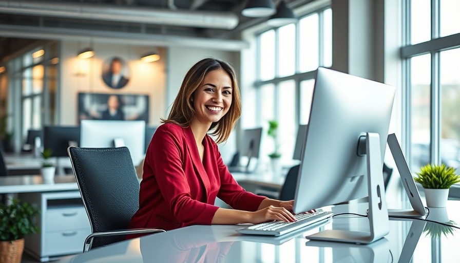 Woman designing wellness website in modern office, vibrant setting.