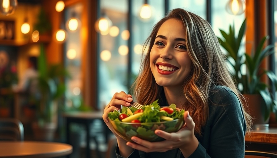 Young woman enjoying a salad, emphasizing best food for heart health, in a cozy cafe.