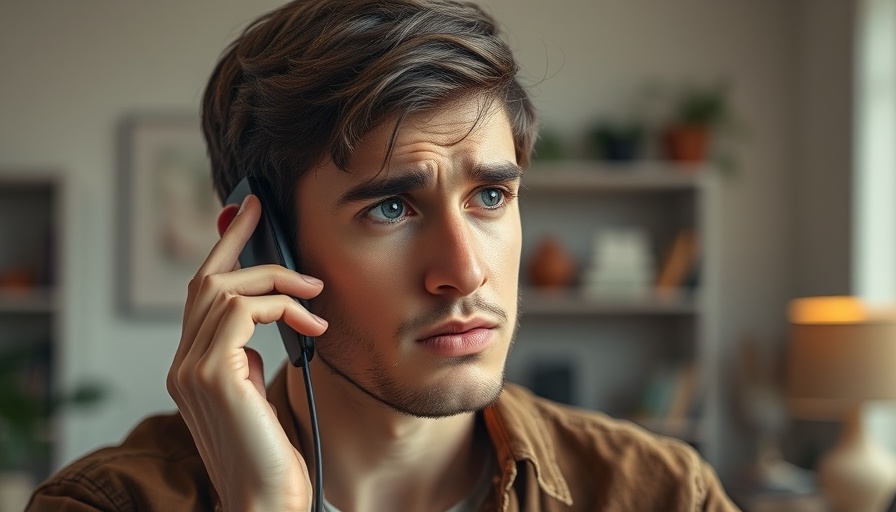 Concerned man on phone indoors discussing chronic joint pain.