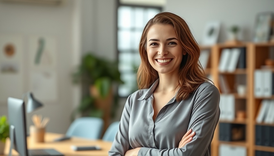 Confident woman experiencing chronic spine pain relief in an office setting.