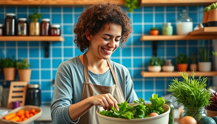 Middle-aged woman managing menopause weight with healthy groceries in kitchen