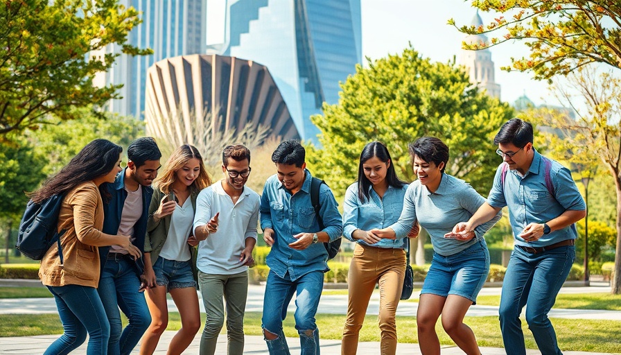 Group playing game in city park, dental care theme.