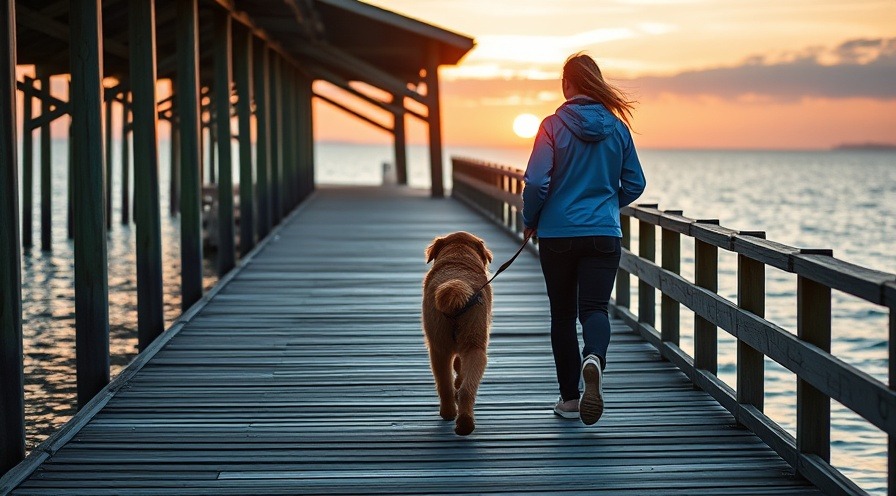 Young woman promotes healthy habits on a serene walk with her golden retriever.