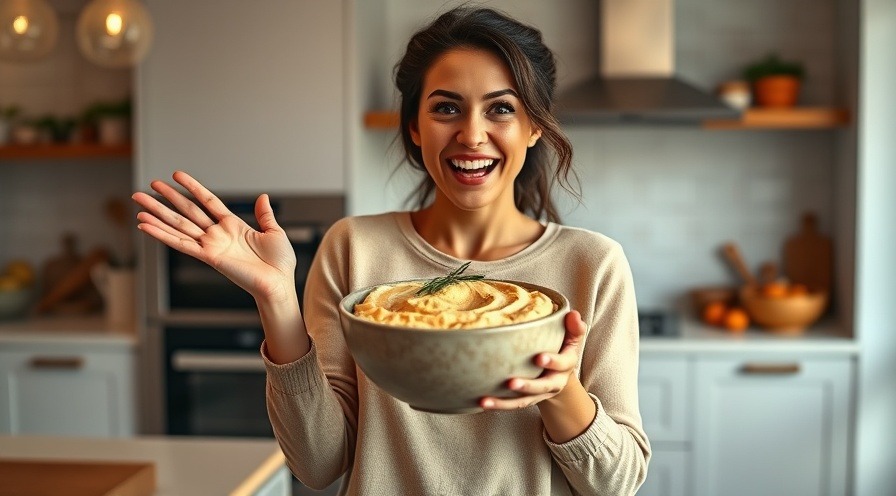 Excited woman with hummus in a bright kitchen, inspiring a nutritious meals cooking challenge.