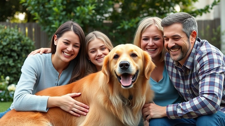 Happy family enjoying time with golden retriever in a lush backyard, showcasing quality dog care products.