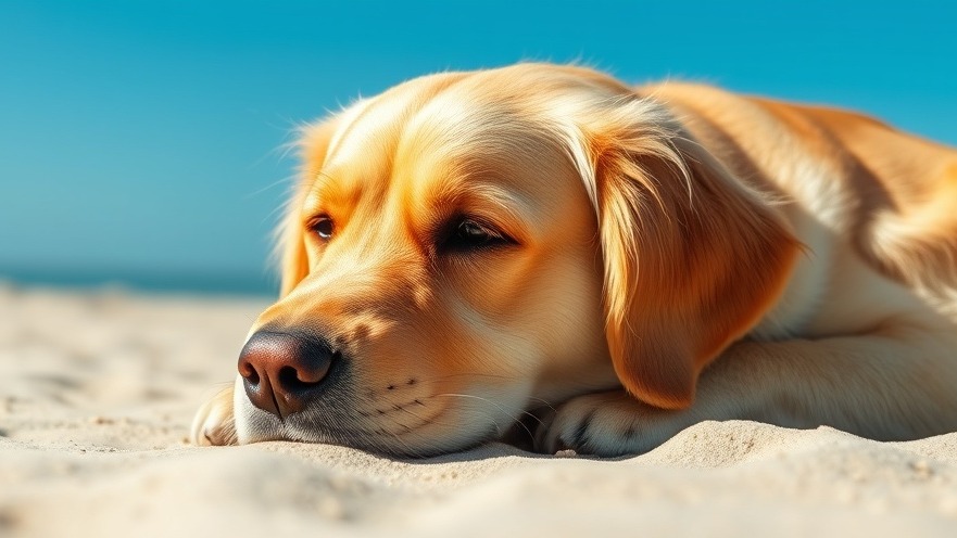 Golden retriever on beach, showcasing summer pet care and dog skin care tips.