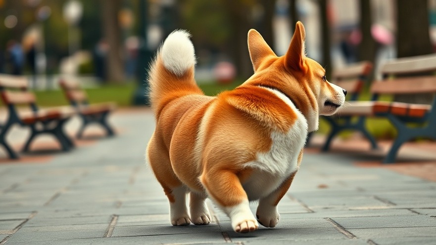 Corgi dog tail wagging, showcasing canine communication in an urban park.