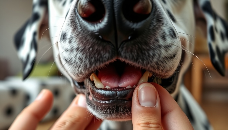 Dalmatian with pale gums being examined, close-up.