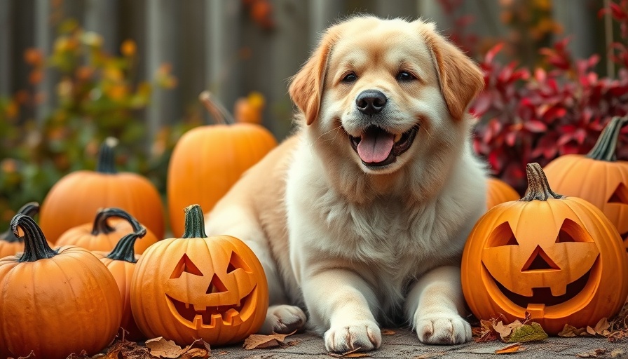 Dog with Halloween pumpkins in a garden setting