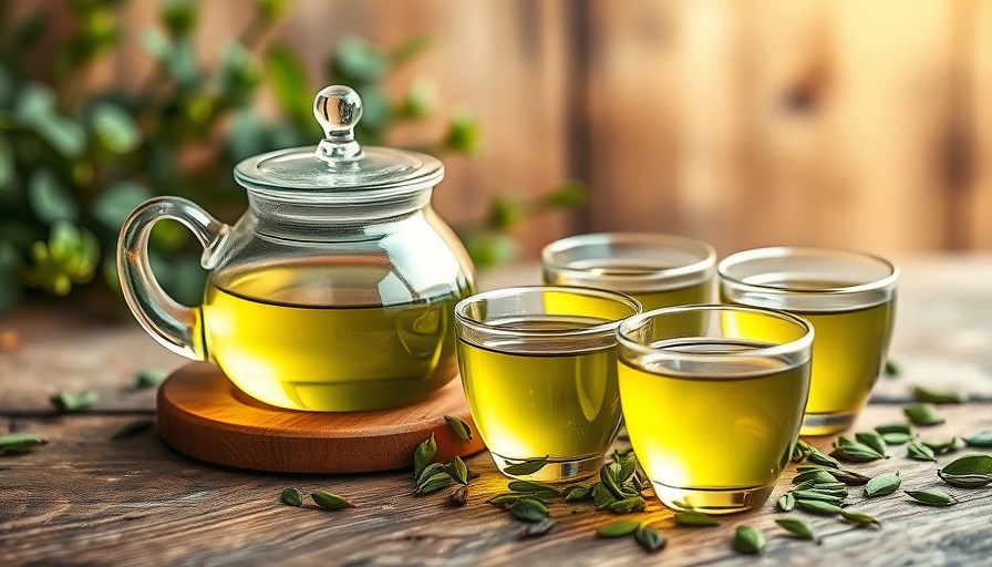 Green tea fat-burning secret: glass teapot and cups on rustic table.