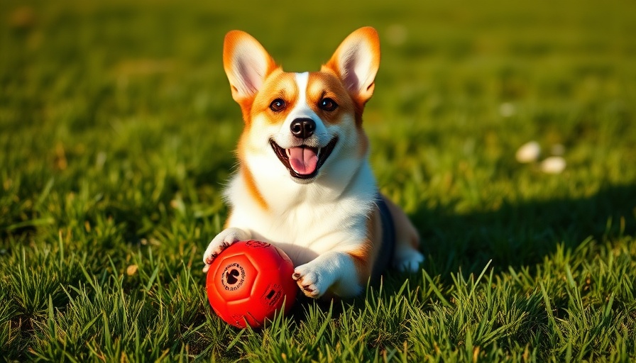 Happy corgi with clean dog toy in grassy field.