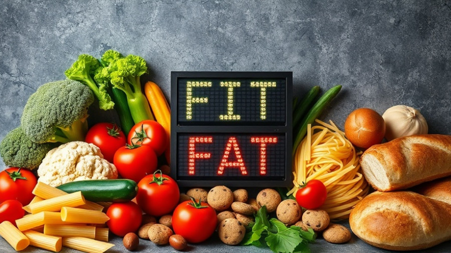 THIEF Foods vs SAINT Foods: Healthy veggies and unhealthy carbs with 'Fit vs Fat' sign.