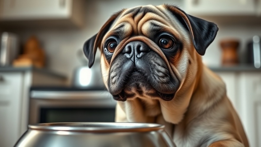 Curious pug with confused expression gazes at empty bowl, highlighting canine nutrition.