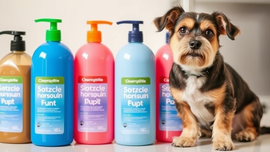 Colored shampoo bottles with a dog, highlighting safe dog shampoo ingredients for optimal dog health.