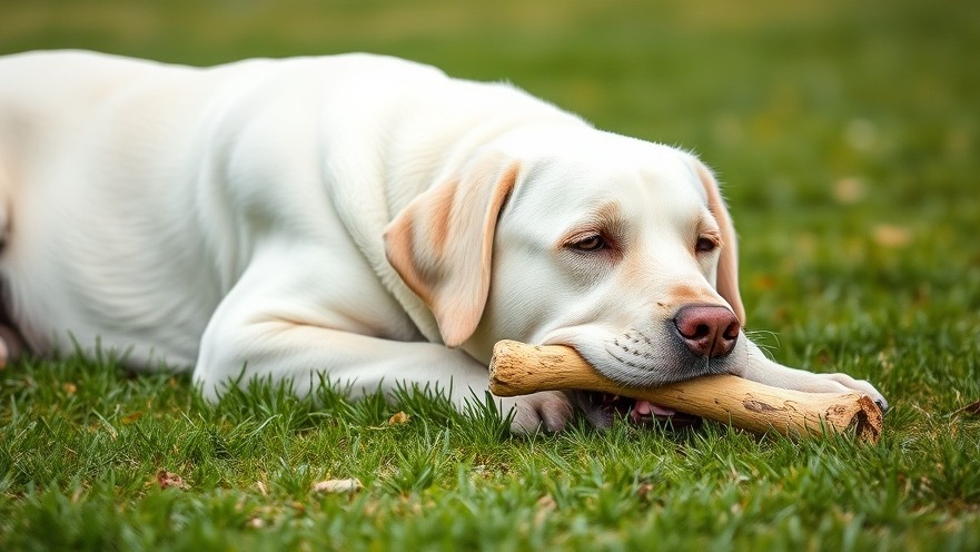 Large white Labrador enjoying a raw bone, promoting canine dental health outdoors.
