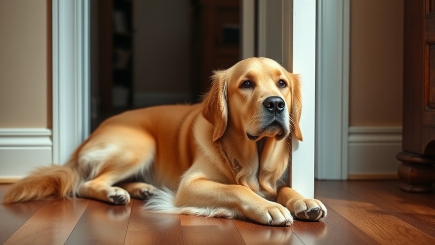 Curious golden retriever displaying loyalty while blocking a door indoors.