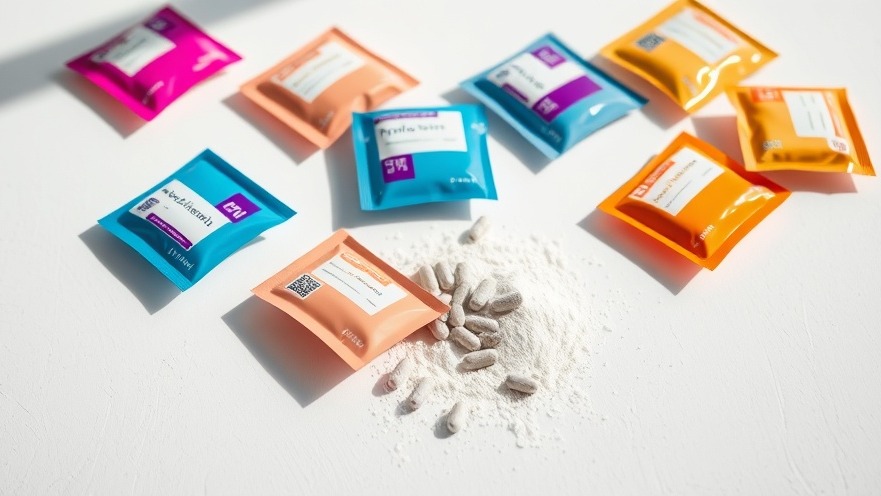 Colorful probiotic supplement sachets enhancing gut microbiome health.