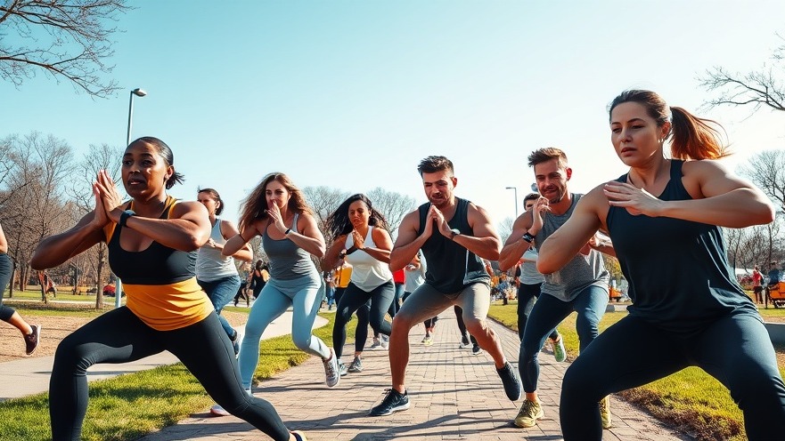 Energetic individuals performing walking lunges techniques in a vibrant park.
