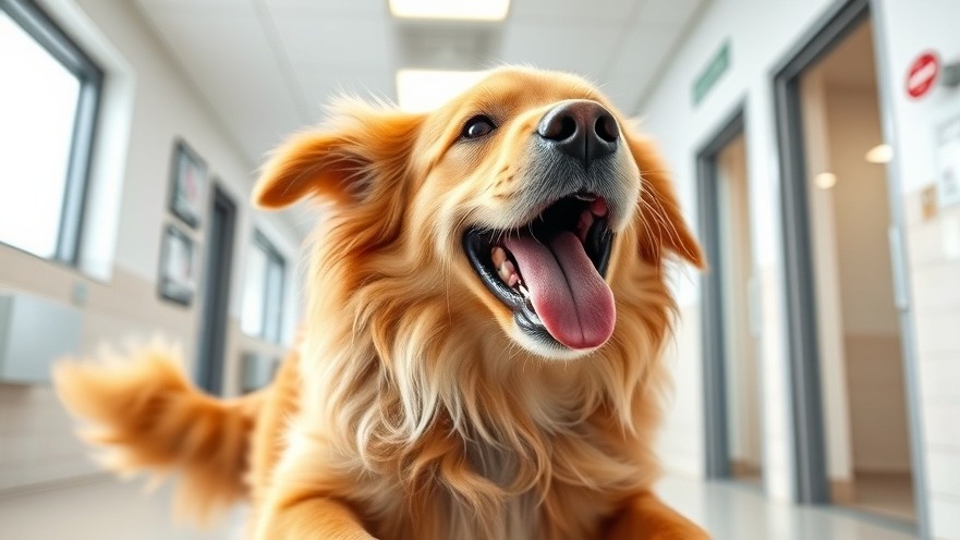Energetic golden retriever showcasing joyful dog behavior in a vet clinic.