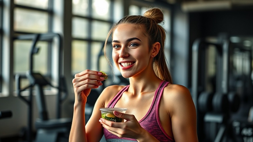 Young woman enjoying pre-workout nutrition in a gym, ready for strength training.