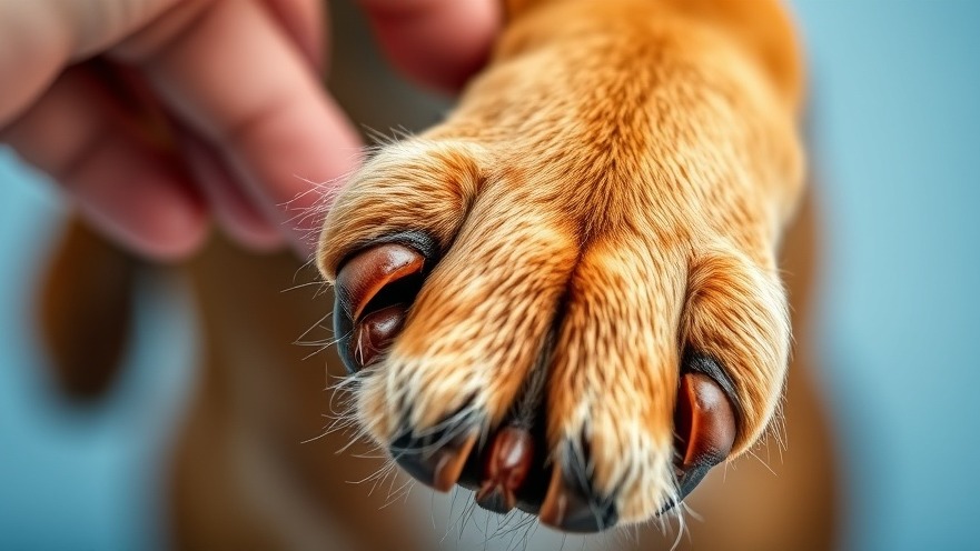 Close-up of a dog's paw being examined for dog paw health and injuries.