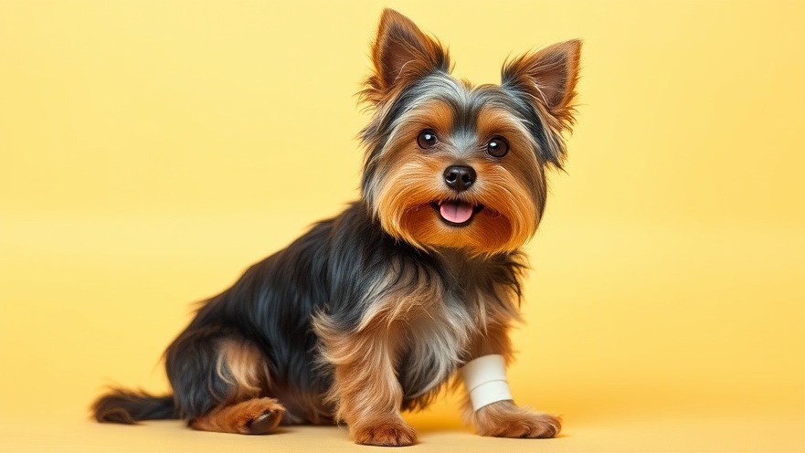 Happy Yorkshire Terrier with bandaged leg, showcasing dog care tips and pet support.