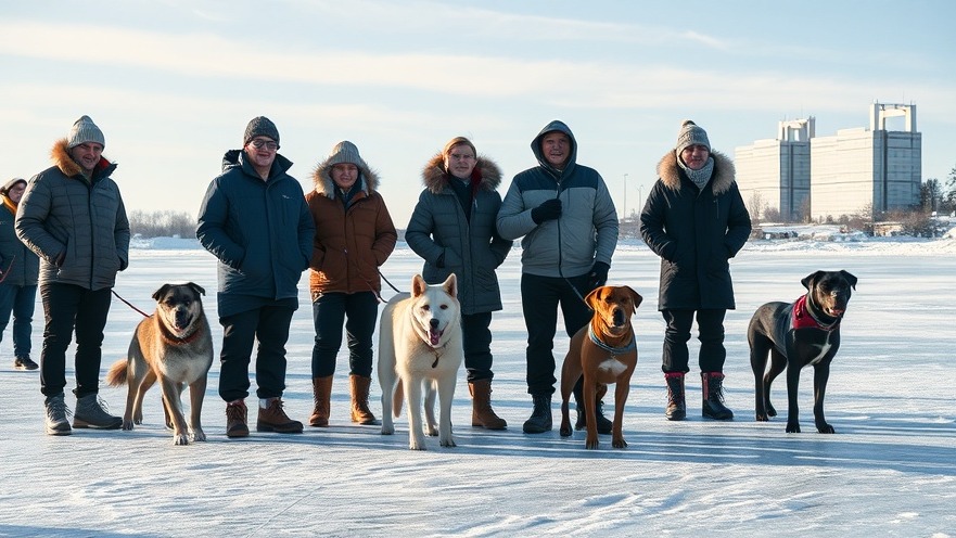Dogs in winter clothing on ice; promoting dog thyroid health awareness.