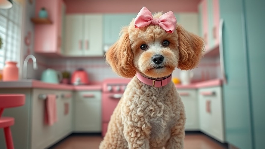 Curly-haired poodle in a pastel kitchen, showcasing iconic dog breeds in advertising.