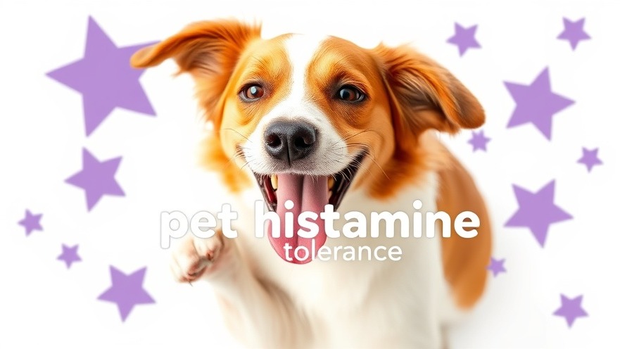 Joyful dog scratching with purple stars, highlighting pet health and histamine intolerance.