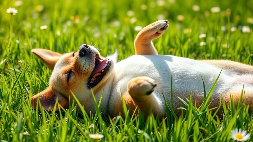 Happy dog relaxing in green grass, showcasing summer dog safety advice.