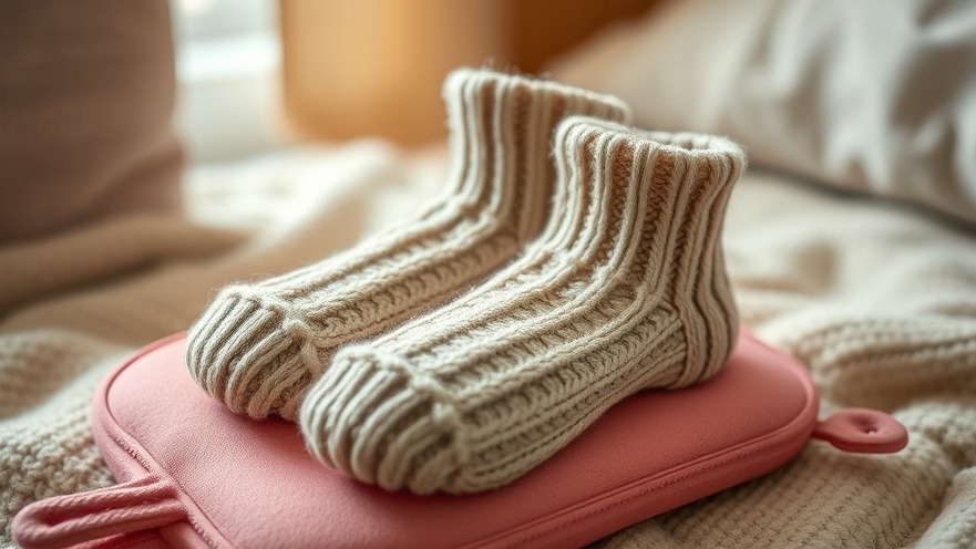 Cozy woolen socks on a pink hot water bottle to improve circulation and warm feet naturally.