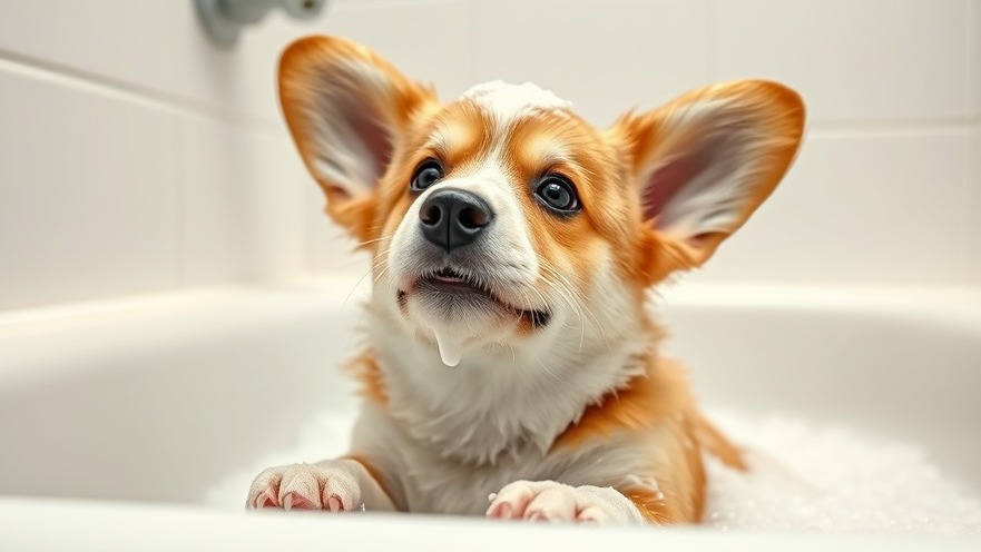 Cute corgi being bathed with colloidal oatmeal for soothing skin conditions.