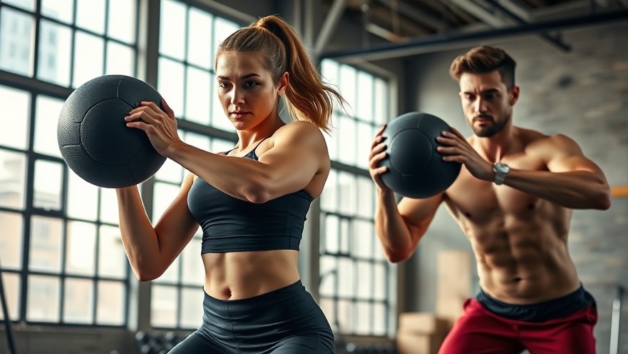 Dynamic duo focusing on functional training and core stability with a medicine ball workout in an industrial gym.